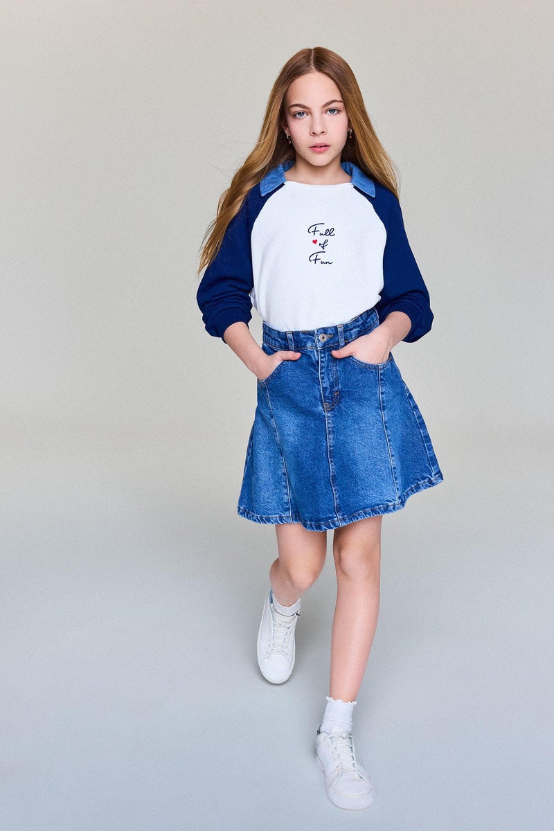 DeFacto Blue Girl Girl Slogan Printed Polo Collar Sweatshirt Casual - Image 2
